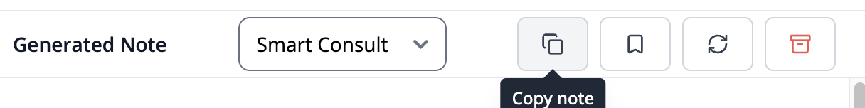 The row of controls above the generated note, with the first icon hovered and its tooltip reading "Copy note"