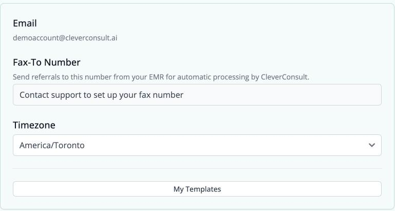 The Profile screen, showing the Fax-To Number field with the note "Send referrals to this number from your EMR for automatic processing by CleverConsult"