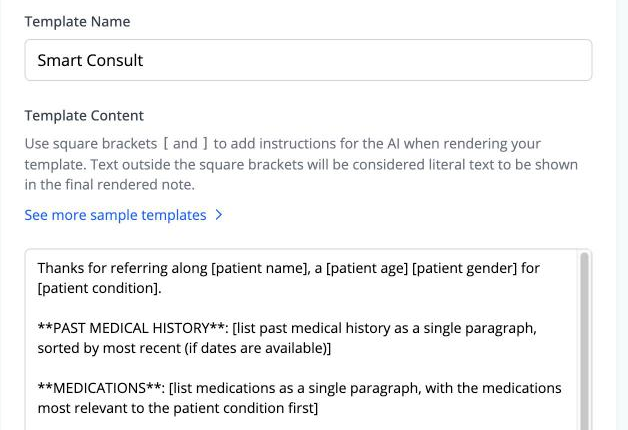 The template editor, explaining that square brackets contain instructions for the AI and text outside them appears literally in the note