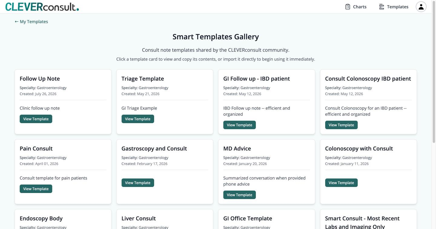 The Smart Templates Gallery, showing community-shared templates for follow-ups, triage, IBD consults, colonoscopy, pain consults and more
